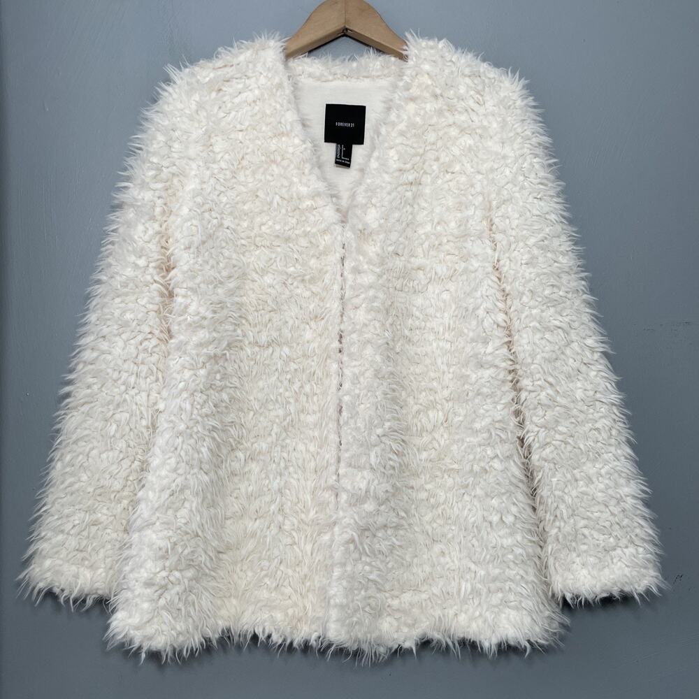 Forever 21 Teddy Jacket Size Small Creamy White Coat Faux Fur Shaggy Glam Chic
